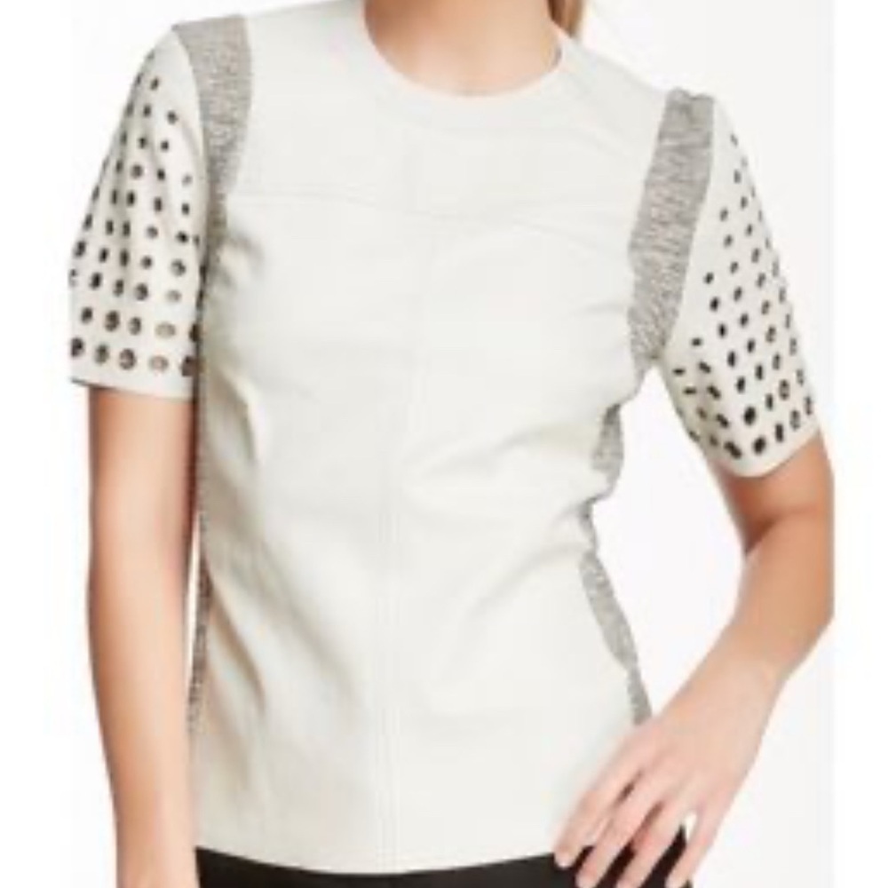 Rebecca Taylor White Lamb Leather w/Gray Perforated Sleeve Ring Detail Zip Sz 2‎